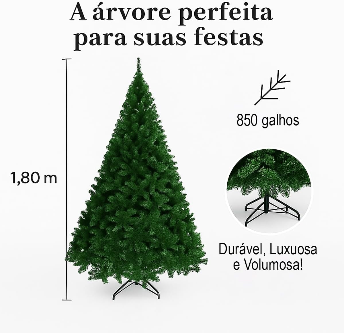 Árvore de Natal Pinheiro Luxo 1,80m Realista, 850 Galhos Cheios, Base Reforçada