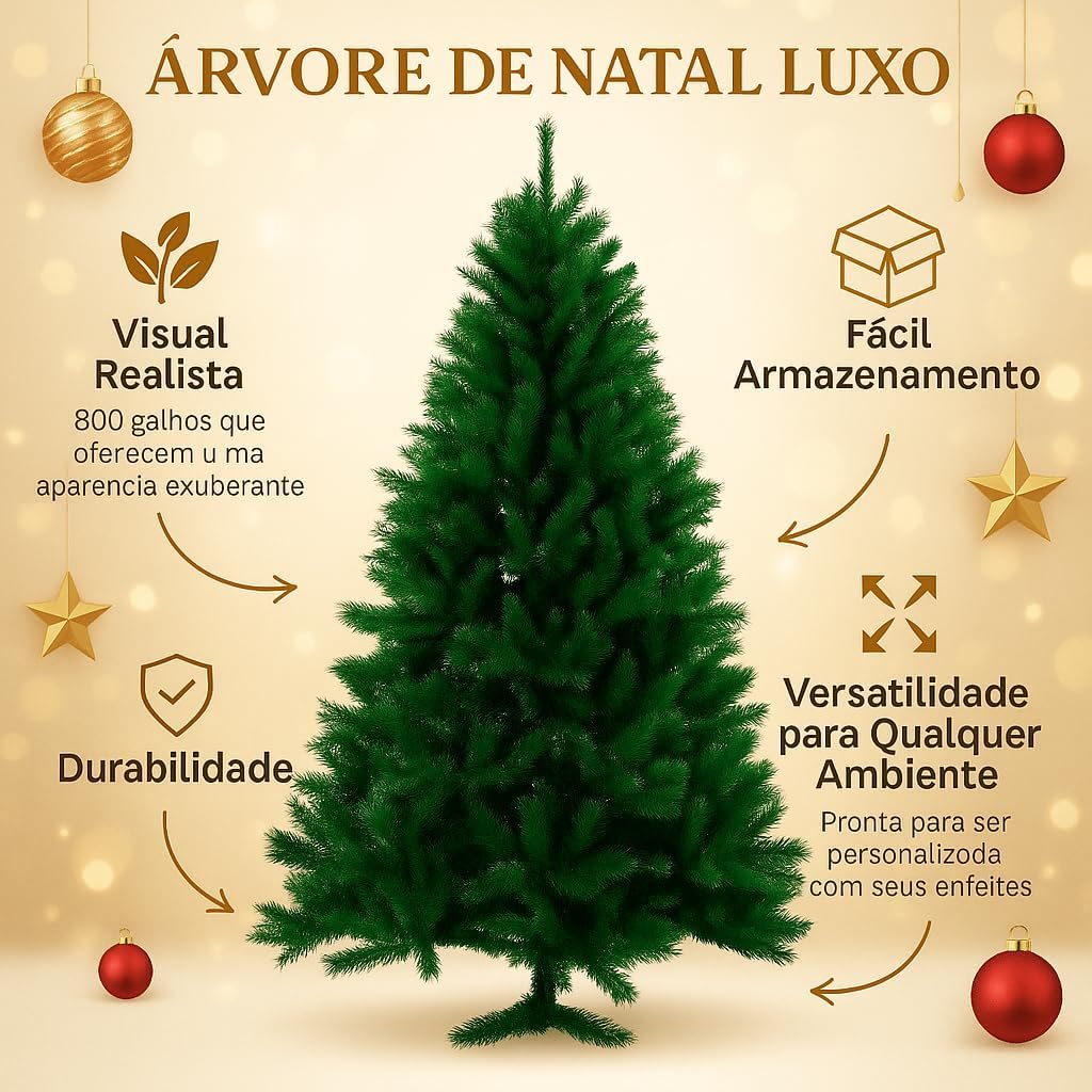 Árvore Natal Pinheiro Luxo 1,80m Cheia 800 Galhos Realista Elegante Premium