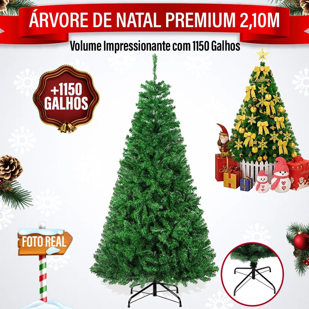 Árvore Natal Verde Premium 2,10m, 1150 Galhos Cheios, Base Metálica