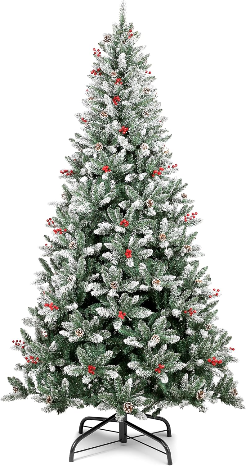 Árvore de Natal Luxuosa 1,8m, 900 Galhos, Cerejas e Neve, Pinhas