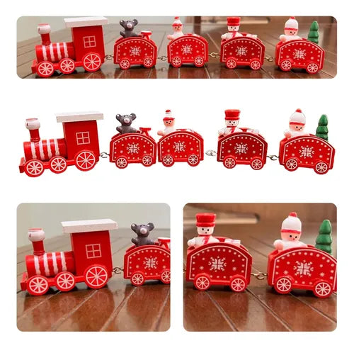 Trem Natalino de Madeira Enfeite Decorativo Vermelho 5 Vagões Magia Festiva