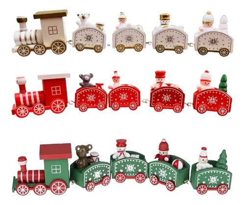 Trem Natalino de Madeira Enfeite Decorativo Vermelho 5 Vagões Magia Festiva