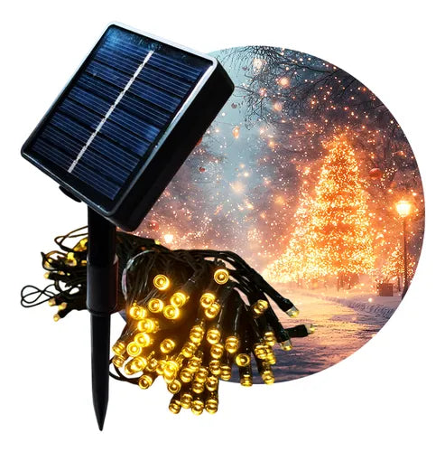 Pisca-Pisca Solar LED 30m Luz Branco Quente Decoração Natal Festas Jardim