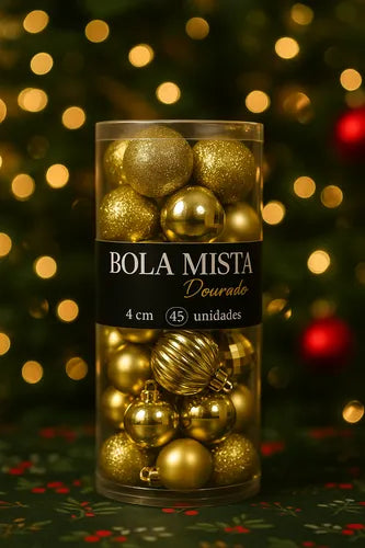 Kit Premium 45 Bolinhas Douradas para Árvore de Natal Decorar Brilho Festivo