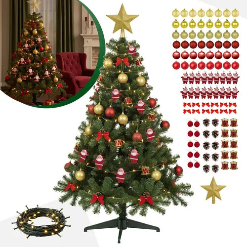 Árvore Natal Decorada 1,50m Verde, 110 Enfeites, Bolinhas, Pisca 110V