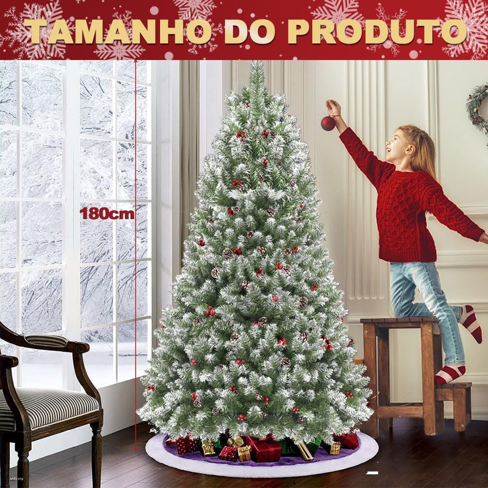 Árvore Natal Premium 1.8m: 850 Galhos, Verde, Neve, Cerejas, Base Metal