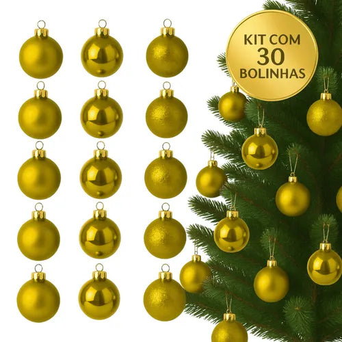 Kit 30 Bolas Douradas de Natal: Brilho, Glitter e Fosco para Árvore