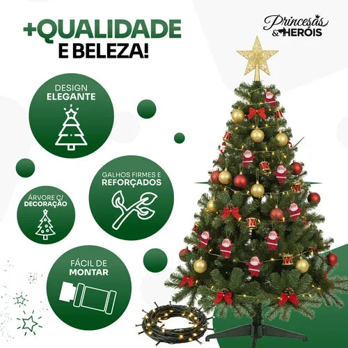 Árvore Natal Decorada 1,50m Verde, 110 Enfeites, Bolinhas, Pisca 110V