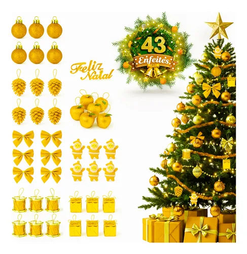 Kit 43 Enfeites Pendentes Dourados para Decoração de Árvore Natalina Festiva